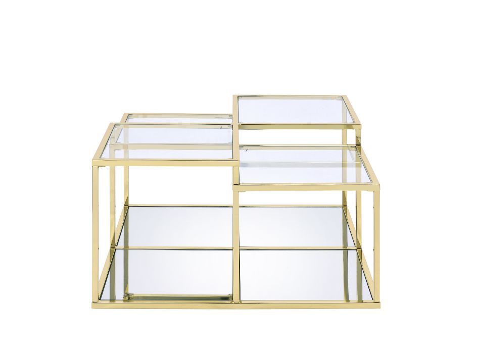 Modern simplicity makes your space feel uncluttered and stylish. The Uchenna Coffee Table has a brilliant color and lustrous finish to enhance it-'s sleek modern silhouette. Metal table frame in a gold finish exudes lustrous shine, topped with tempered gl
