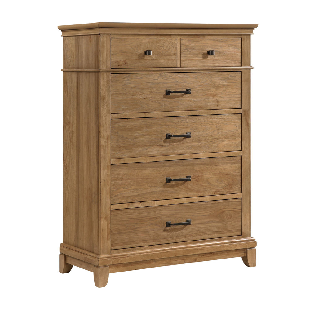 The Sunstone Chest combines durable, quality construction with solid rubberwood, manufactured woods, and hickory wood veneers, creating a strong and stable five-drawer chest. This collection features a classic, rustic style with natural wood finishes and 