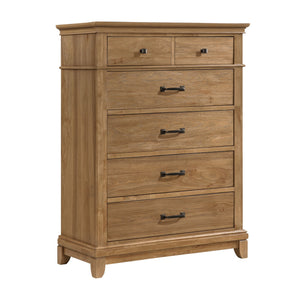 The Sunstone Chest combines durable, quality construction with solid rubberwood, manufactured woods, and hickory wood veneers, creating a strong and stable five-drawer chest. This collection features a classic, rustic style with natural wood finishes and 