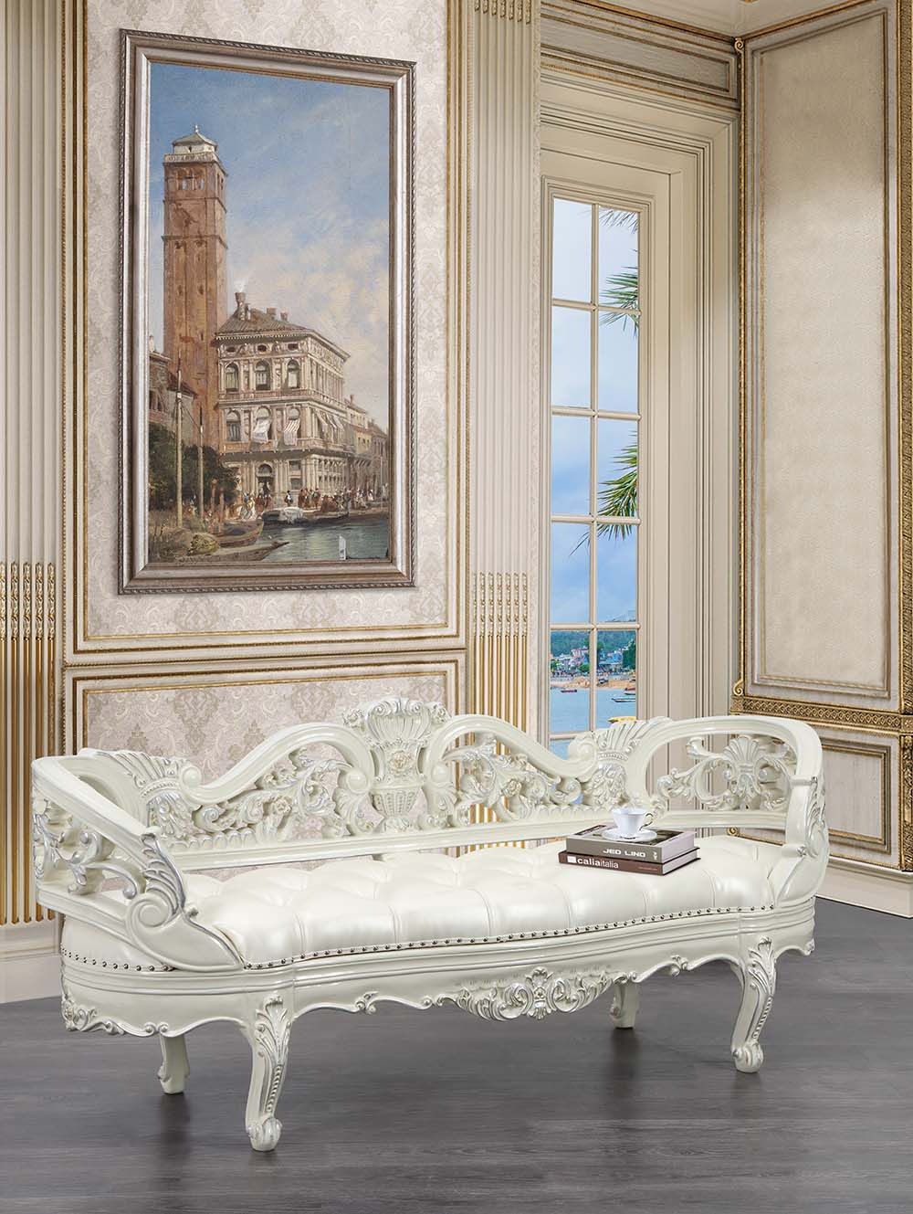 Bringing a modern approach to the classic ornate Rococo style, the Adara bed blends in contemporary touches with traditional design details. The PU adds a fresh approach to the intricately embellished bed. The antique white is embellished with light gold 