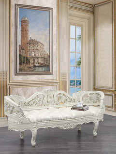Bringing a modern approach to the classic ornate Rococo style, the Adara bed blends in contemporary touches with traditional design details. The PU adds a fresh approach to the intricately embellished bed. The antique white is embellished with light gold 