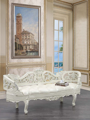 Bringing a modern approach to the classic ornate Rococo style, the Adara bed blends in contemporary touches with traditional design details. The PU adds a fresh approach to the intricately embellished bed. The antique white is embellished with light gold 
