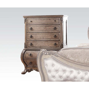 The Ragenardus chest is an impeccable example of truly memorable luxurious traditional design. This three-drawer vintage oak chest features a detailed French style front and English back in a stunning Bombay shape case, Felt-Lined top drawer, side metal g