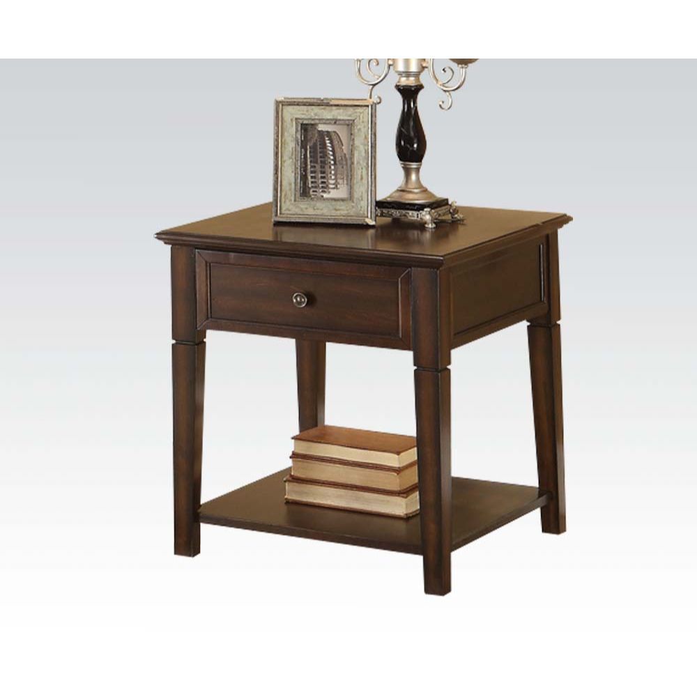 The Malachi End Table offers a Transitional Style in a warm Walnut Finish. The End Table Features One Top Drawer and tapered legs complemented by a bottom display shelf. KD Construction (Assembly Required)<br/><br/><b>Product Features</b><ul><li>Square Le