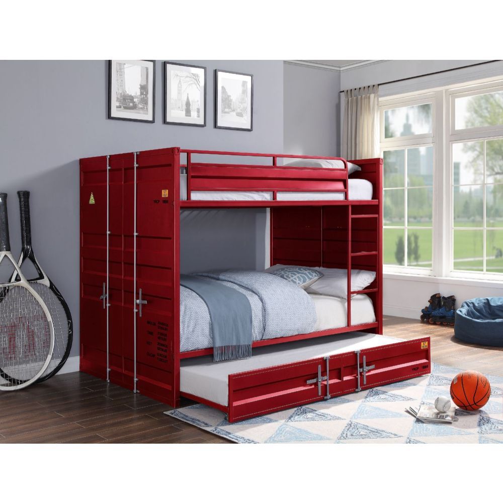 The Cargo bunk bed and trundle is the perfect addition to any childâ€™s room. This contemporary container themed metal bunk bed is crafted with an industrial look that is an ideal addition to your bedroom. The bed is accented with recessed panel design an