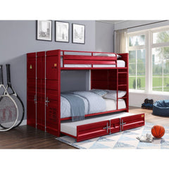 The Cargo bunk bed and trundle is the perfect addition to any childâ€™s room. This contemporary container themed metal bunk bed is crafted with an industrial look that is an ideal addition to your bedroom. The bed is accented with recessed panel design an
