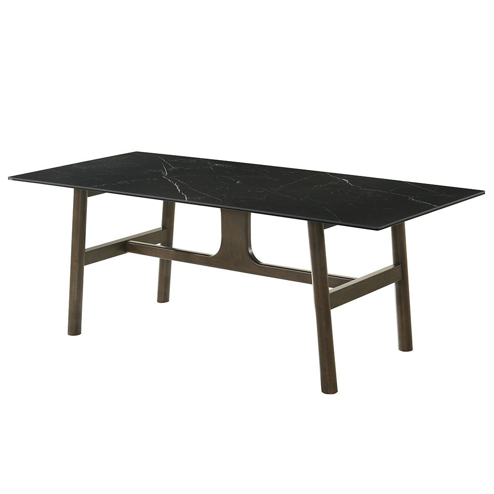 This dining set includes a rectangular table with a fixed top featuring sintered stone and tempered glass. The padded seat and back cushion chairs offer comfort and style. Complementing the set, the two-tone server boasts metal side glide drawers with 2/3