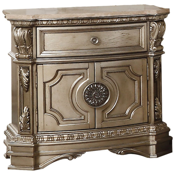 Shaped Marble Top 1 Drw & 2 Wooden Doors (Recessed Front Panels) Drawer: Glide Side Metal (27mm Ball Bearing, Full Ext.), Dovetail French Front, Felt-Lined Top Drawer, Safety Stop Included, Manual Close, Hdw Drawer: Silver Gray Metal, Drawer: Single Knob,