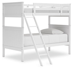 Maximize space and turn your kids-' bedtime into an adventure with this cool twin-over-twin bunk bed. It-'s an effortless addition to any bedroom, with a timeless Shaker style that-'s wonderfully finished in crisp white. Guard rails on the top bunk help e