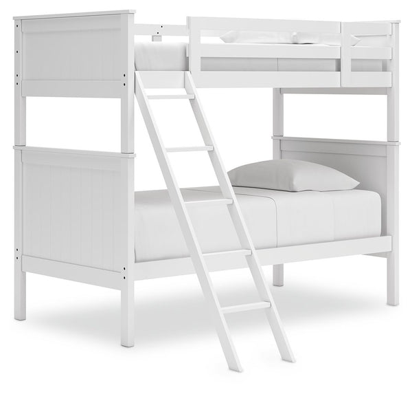 Maximize space and turn your kids-' bedtime into an adventure with this cool twin-over-twin bunk bed. It-'s an effortless addition to any bedroom, with a timeless Shaker style that-'s wonderfully finished in crisp white. Guard rails on the top bunk help e