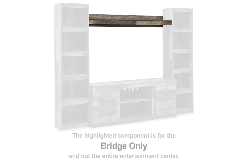 This bridge is made of engineered wood (MDF/particleboard/plywood) and decorative laminate. Pairs with other items in the series to make an entertainment center.<br><br><b>Additional Dimensions</b><br><ul><li>Assembled entertainment center: 0-"</li></ul><