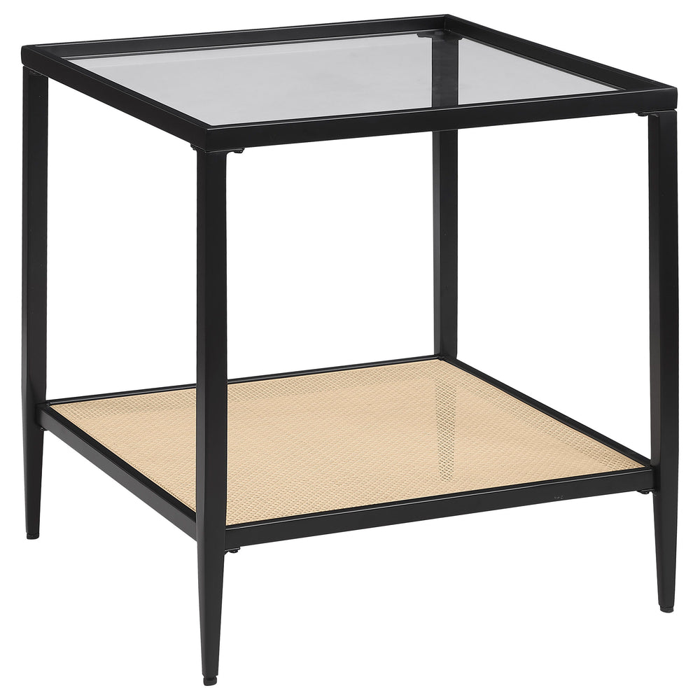 Bring a touch of modern elegance to your living space with this sleek square end table. The black powder-coated metal frame provides a minimalist yet sturdy foundation, while the recessed clear tempered glass top adds a sophisticated, airy feel. Below, a 