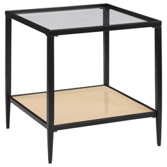 Bring a touch of modern elegance to your living space with this sleek square end table. The black powder-coated metal frame provides a minimalist yet sturdy foundation, while the recessed clear tempered glass top adds a sophisticated, airy feel. Below, a 