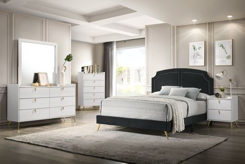 Black and gold are the embodiment of sophistication and chicness. Enjoy a good night-'s sleep with this Zeena contemporary bed. Gold-finished nailhead trim on the headboard lends a refined touch. Perched on beautiful and sturdy gold metal tapered legs tha