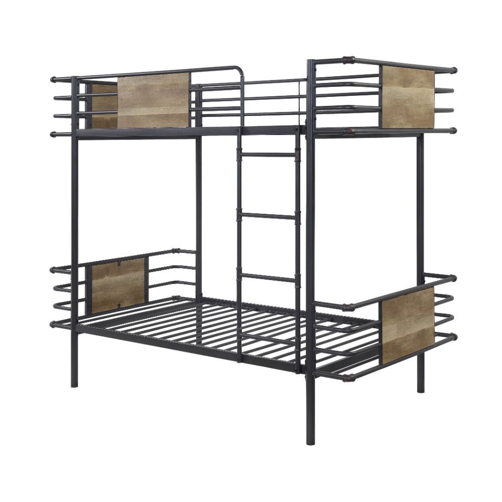 The industrial details of the Deliz bunk bed make it an excellent choice for those with a bold sense of style. Finished in gunmetal with casting fittings, and accented with wooden panels, this exceptional bunk bed features twin-size top and bottom bunks. 