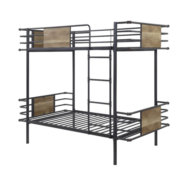 The industrial details of the Deliz bunk bed make it an excellent choice for those with a bold sense of style. Finished in gunmetal with casting fittings, and accented with wooden panels, this exceptional bunk bed features twin-size top and bottom bunks. 