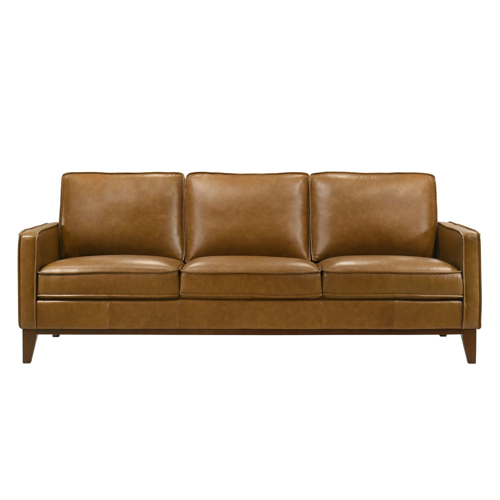The Caspar Top Grain Leather Sofa is a luxurious statement piece, upholstered in rich caramel brown 100% top-grain leather. Known for its durability and breathability, the leather adds timeless elegance to your living space. The sofa-'s quality constructi