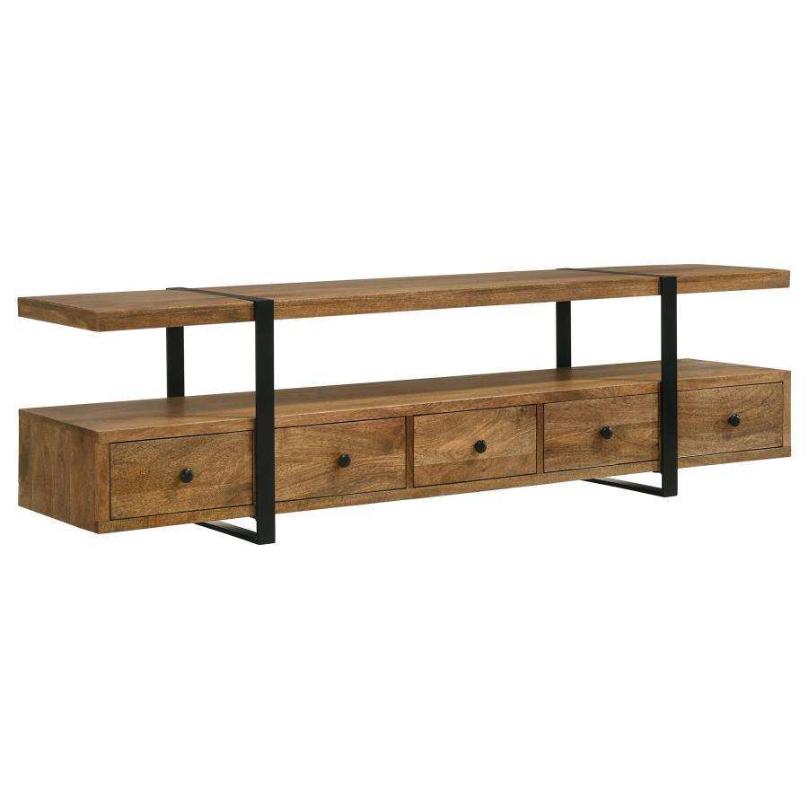 Elevate your entertainment space with this masterfully designed TV stand, perfectly suited for televisions up to 75". Constructed from robust Mango wood and accentuated with metal, it features a distinctive floating shelf, supported by sleek gunmetal-fini