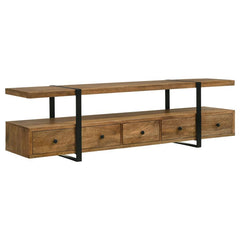 Elevate your entertainment space with this masterfully designed TV stand, perfectly suited for televisions up to 75". Constructed from robust Mango wood and accentuated with metal, it features a distinctive floating shelf, supported by sleek gunmetal-fini