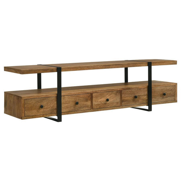 Elevate your entertainment space with this masterfully designed TV stand, perfectly suited for televisions up to 75". Constructed from robust Mango wood and accentuated with metal, it features a distinctive floating shelf, supported by sleek gunmetal-fini