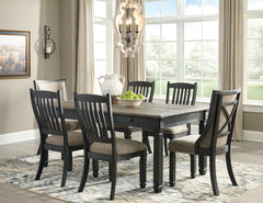 Unique two-tone finish with a combination of Oak and Acacia substrates combining a trendy textured antique black color with table and server tops finished in a textural weathered oak finish. Rectangular dining table features six convenient drawers for sto