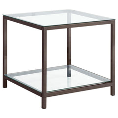 This modern end table combines style and practicality with a black nickel electroplated steel frame and clear tempered glass surfaces. The square tabletop and lower shelf offer ample space for storage and display, ideal for compact areas. Its open-frame d