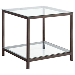 This modern end table combines style and practicality with a black nickel electroplated steel frame and clear tempered glass surfaces. The square tabletop and lower shelf offer ample space for storage and display, ideal for compact areas. Its open-frame d