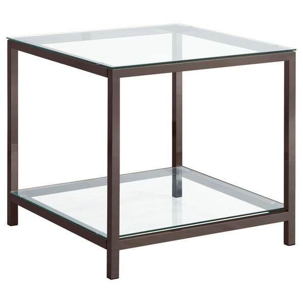 This modern end table combines style and practicality with a black nickel electroplated steel frame and clear tempered glass surfaces. The square tabletop and lower shelf offer ample space for storage and display, ideal for compact areas. Its open-frame d
