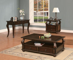The Amado occasional tables with stylish transitional design will be a great addition for your living room. Constructed with selected woods and veneers in warm walnut finish, features four drawers, and one open storage compartment, it is complemented by w
