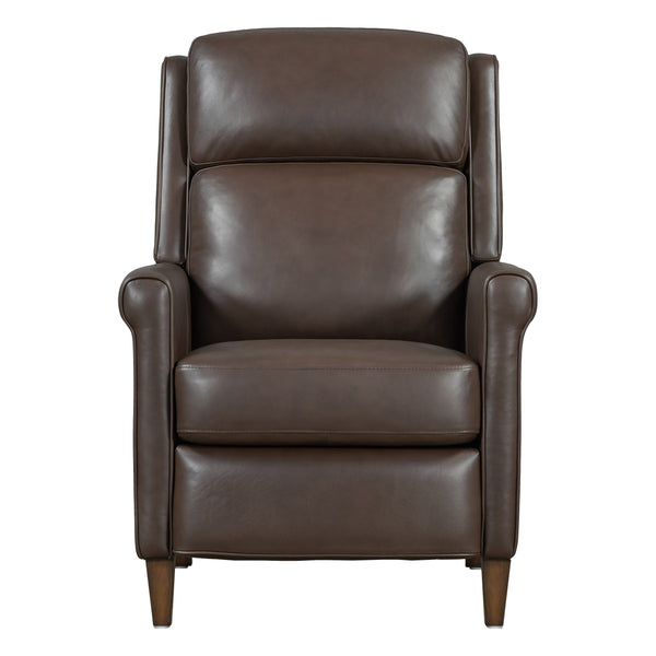  where effortless relaxation meets sophisticated design. This manual pushback recliner is upholstered in soft leather with a custom match