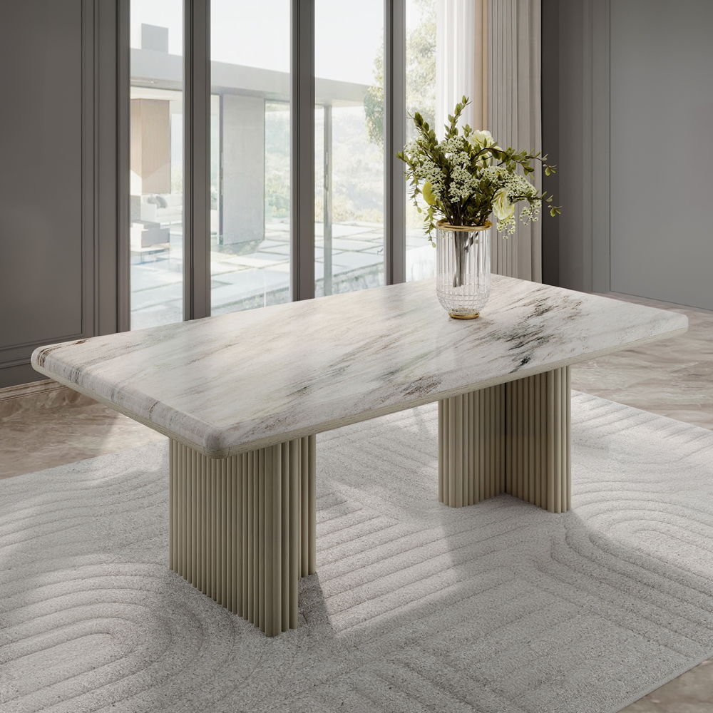 Elevate your dining experience with the Charity dining set. Featuring a sleek marble tabletop and a gray oak finish, this set exudes modern elegance. The sturdy base and stylish chairs create a harmonious blend of comfort and sophistication. Perfect for i