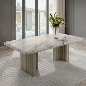 Elevate your dining experience with the Charity dining set. Featuring a sleek marble tabletop and a gray oak finish, this set exudes modern elegance. The sturdy base and stylish chairs create a harmonious blend of comfort and sophistication. Perfect for i