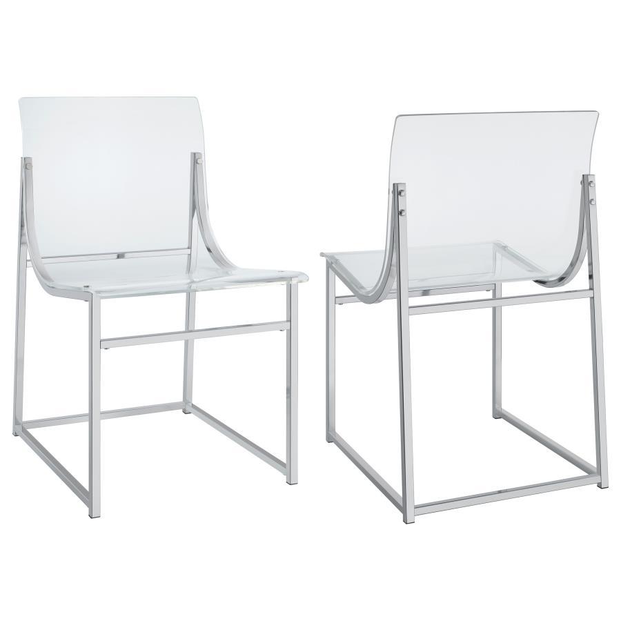 Spin up a stylish, modern refresh for your dining table with a set of two contemporary side chairs. Clear acrylic and graceful curves create a comfortable, minimalist seat and back, offering comfort that dresses up or down to suit your space. Each chair i