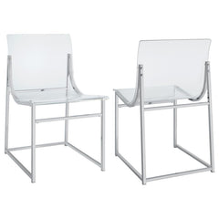 Spin up a stylish, modern refresh for your dining table with a set of two contemporary side chairs. Clear acrylic and graceful curves create a comfortable, minimalist seat and back, offering comfort that dresses up or down to suit your space. Each chair i