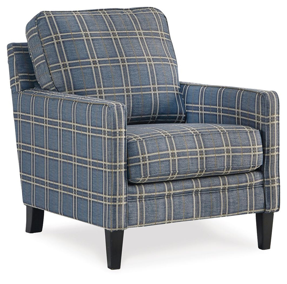 Donâ€™t leave your living room incomplete. Fill the open space with this accent chair. Warm blue hue on the oversized check print is a calming pop of color. Slim track arms make this traditional silhouette more casual and inviting. Plush back and seat cus