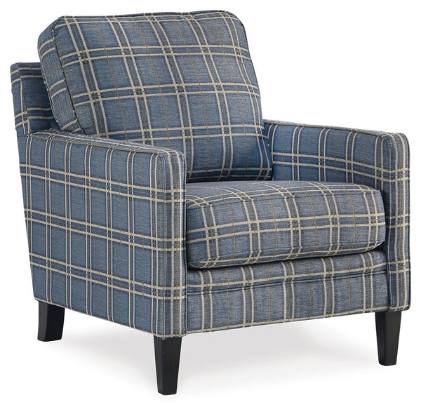 Donâ€™t leave your living room incomplete. Fill the open space with this accent chair. Warm blue hue on the oversized check print is a calming pop of color. Slim track arms make this traditional silhouette more casual and inviting. Plush back and seat cus