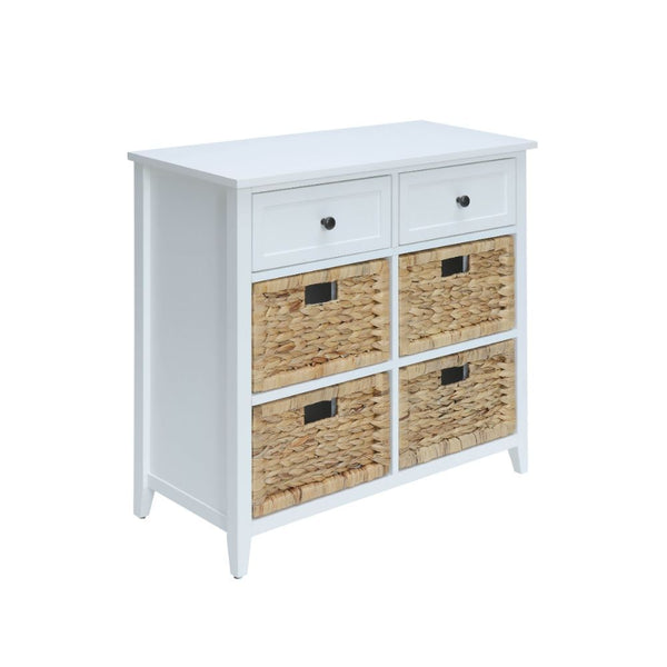 Get exceptional value on this transitional Filbert chest. Featuring a rich finish, the drawers and open compartment spaces give plenty of room for storage. The table looks great with or without the included wicker crate baskets.Â Some Assembly Required.<b