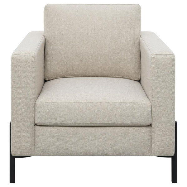  this sofa exudes elegance. The subtle textured herringbone fabric offers a refined touch
