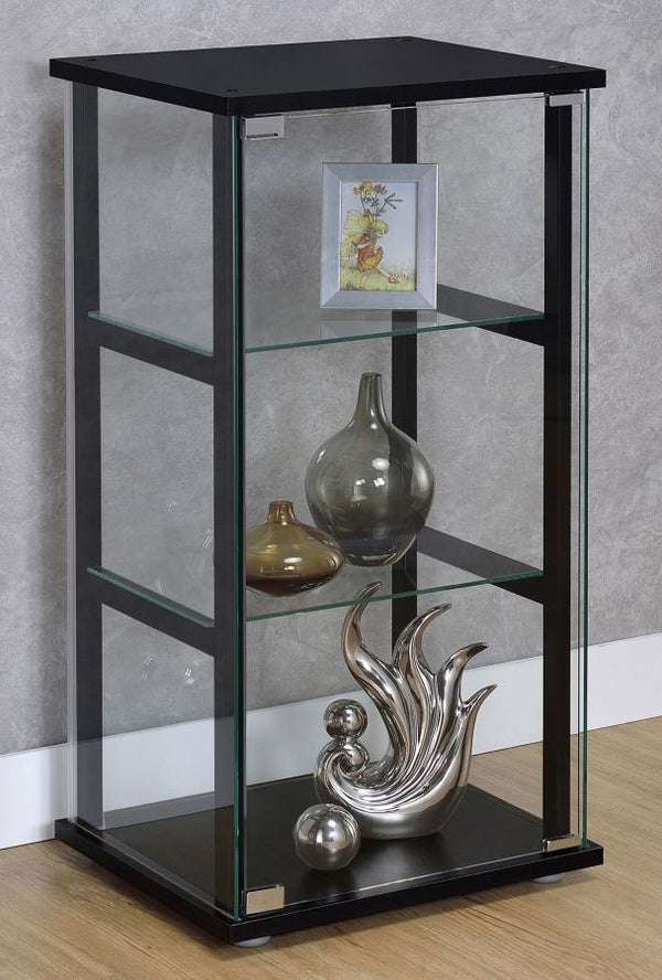  this curio cabinet offers a perfect venue for showcasing treasured decor. Bold black tops a simple frame