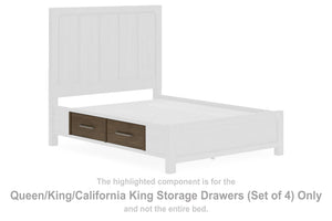 This set of queen/king/California king storage drawers is made with hardwood solids, hickory veneer and MDF substrates. Pairs with other items in the series to make a bed kit.<br><br><b>Additional Dimensions</b><br><ul><li>Drawer interior (4): 0-"</li></u