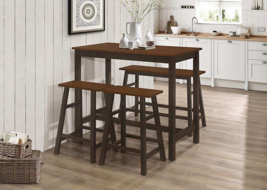 A charming addition to a kitchen breakfast nook or compact dining area, this country four-piece counter height table set gives off modern farmhouse vibes. A two-tone finish offers a subtle contrast and rustic-inspired design. A chestnut finish covers the 