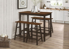 A charming addition to a kitchen breakfast nook or compact dining area, this country four-piece counter height table set gives off modern farmhouse vibes. A two-tone finish offers a subtle contrast and rustic-inspired design. A chestnut finish covers the 