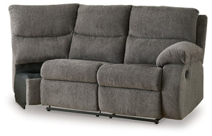 This right-arm facing reclining loveseat with half wedge is made with polyester upholstery. Pairs with other items in the series to make a sectional.<br><br><b>Additional Dimensions</b><br><ul><li>Arm height: 26-"</li><li>Seat depth: 22-"</li><li>Seat hei