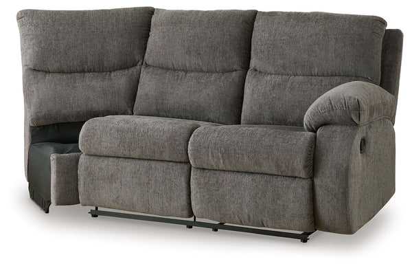 This right-arm facing reclining loveseat with half wedge is made with polyester upholstery. Pairs with other items in the series to make a sectional.<br><br><b>Additional Dimensions</b><br><ul><li>Arm height: 26-"</li><li>Seat depth: 22-"</li><li>Seat hei