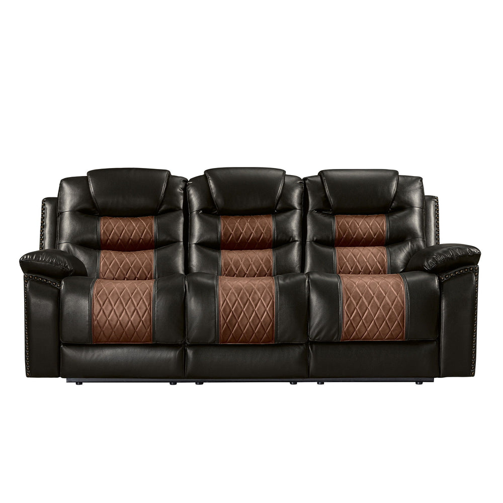 Enhance your living space with the Nikko Dual Recliner Sofa with Hidden Cupholders and Drop Down Snack Tray in brown. This sofa, constructed with hardwood and plywood frames, promises long-lasting durability and stability. Luxurious comfort is ensured wit