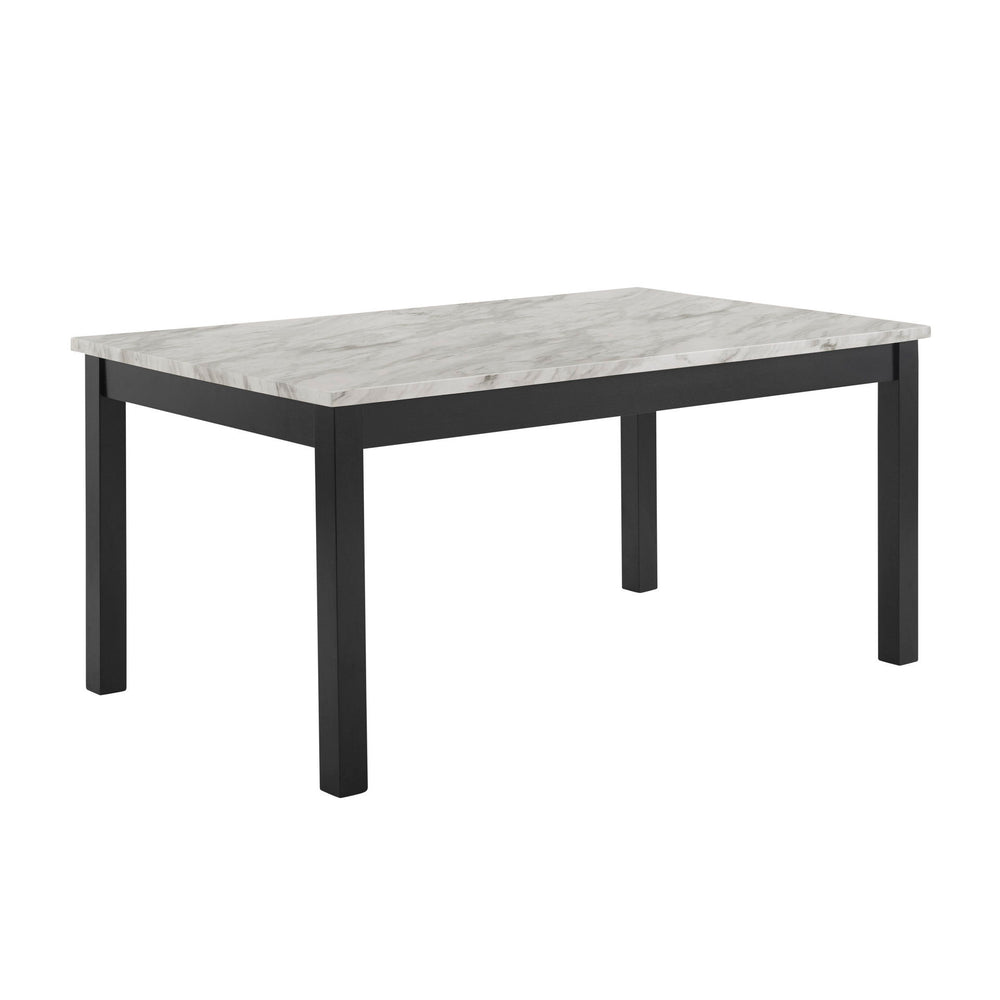 The contemporary 64â€ long Celeste Dining Table provides comfortable seating for six. The solid Rubberwood legs, coupled with manufactured wood components, guarantee a long-lasting dining set that stands the test of time. The glossy-coated faux marble to