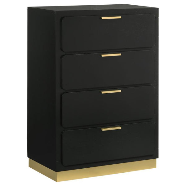 Modern luxury with a minimalist look offers a perfect fit for updated bedrooms as the four-drawer chest enhances a sleek master suite or guest bedroom. Wood and wood products construct a dresser with clean lines and a stylish Mid-Century Modern vibe. This