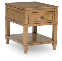 Taking a timeless approach to casual beauty, this end table brings easygoing elegance to the everyday. The light brown wood-tone finish seamlessly slips into your roomâ€™s aesthetic. A dark bronze-tone pull accents the drawer, adding to the table-'s fresh