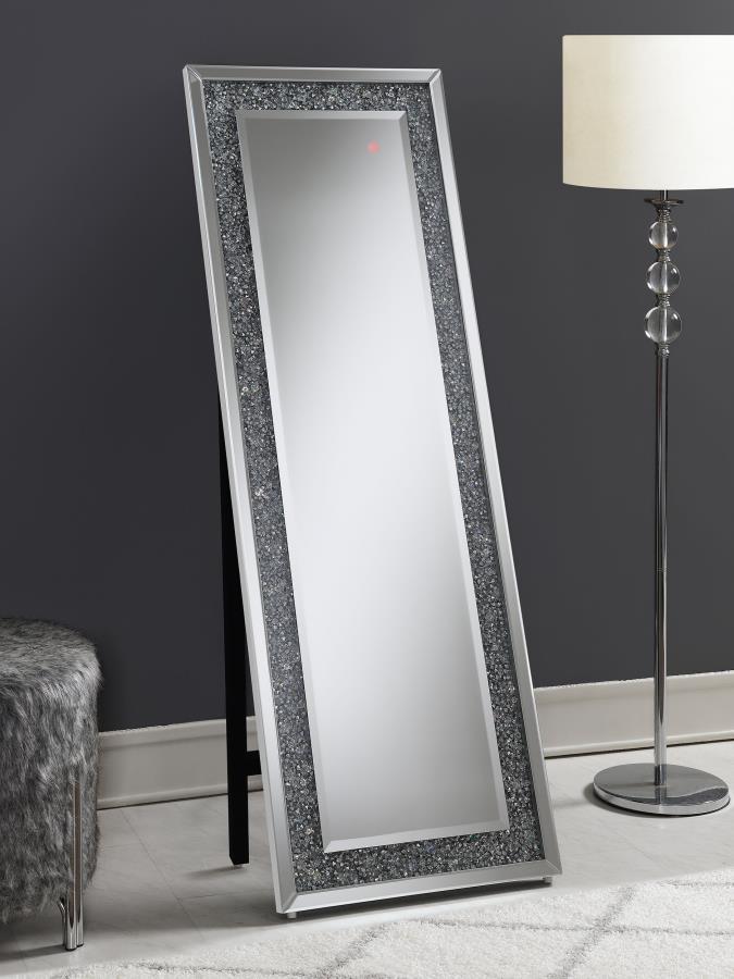 Bring a cool vibrancy to your home when you add this standing mirror. It features MDF and mirror construction that brightens up a bedroom or makes for a unique addition to the foyer. The silver finish is embellished with crystal accents that give the mirr