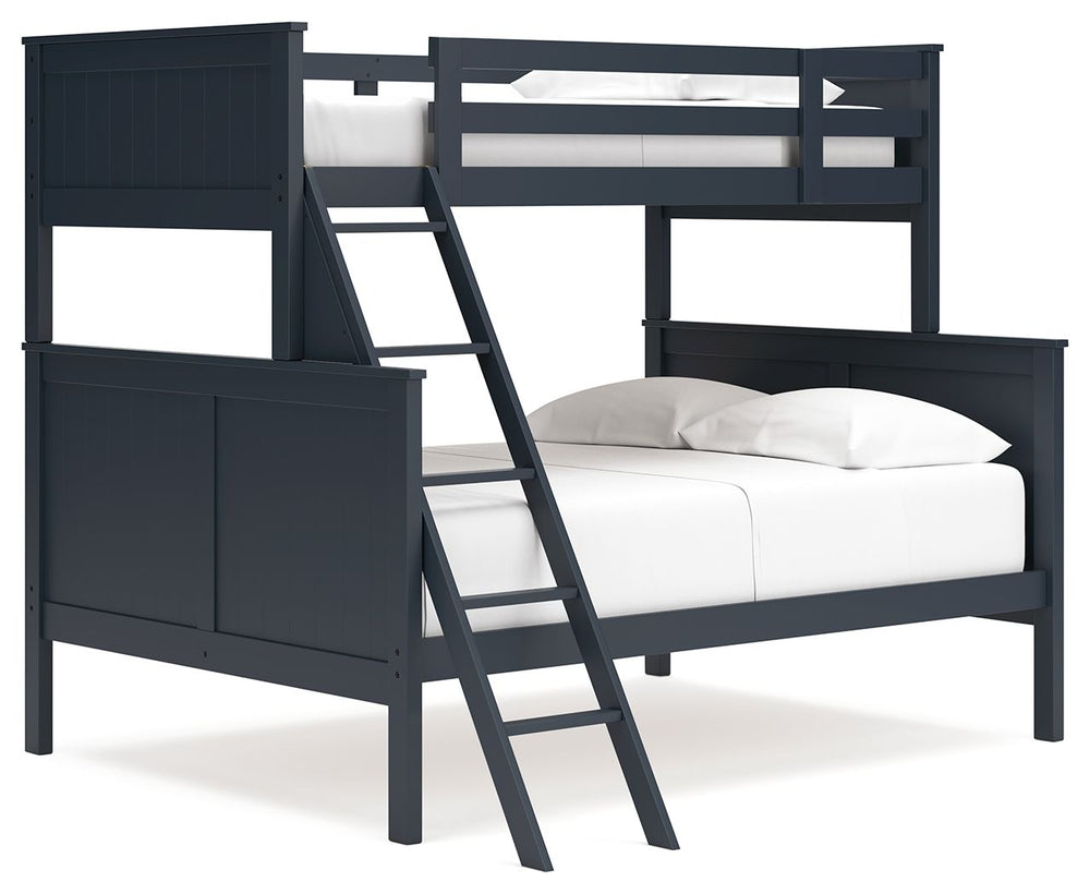 Maximize space and turn your kids-' bedtime into an adventure with this cool twin-over-full bunk bed. It-'s an effortless addition to any bedroom, with a timeless Shaker style that-'s wonderfully finished in an on-trend blue. Guard rails on the top bunk h